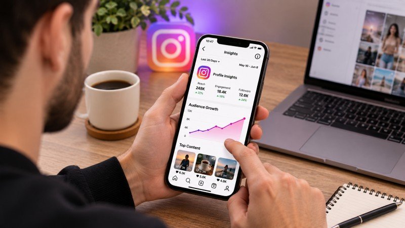 checking Instagram Insights analytics to track earning money on Instagram progress