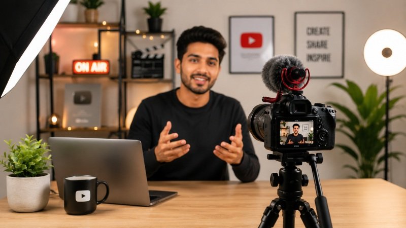 filming a YouTube video to earn money on YouTube with a camera setup