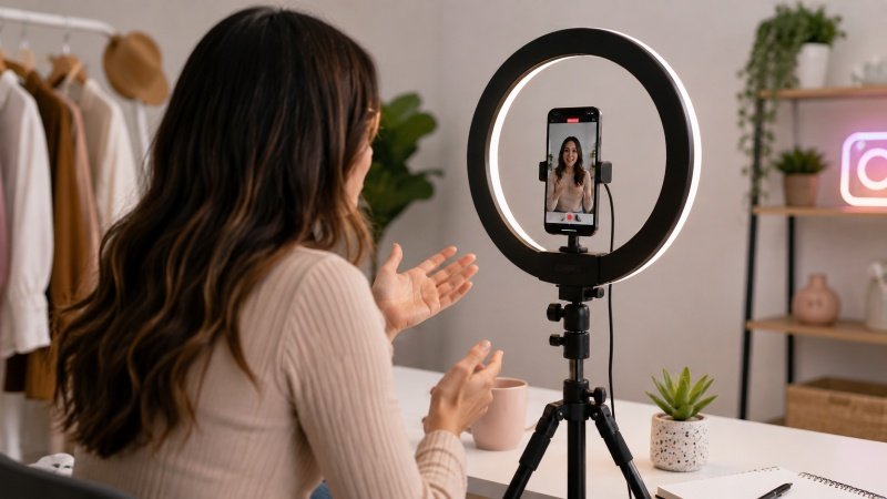 filming content to earn money on Instagram with a phone and ring light