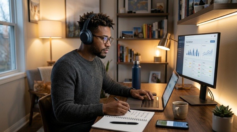 Remote workers using laptops for online freelance work