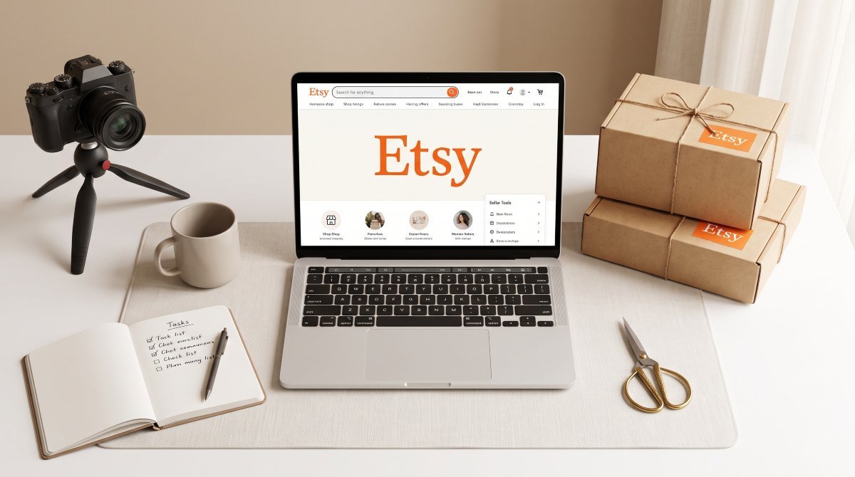 starting an etsy shop seller desktop setup with laptop showing etsy website and branded shipping boxes