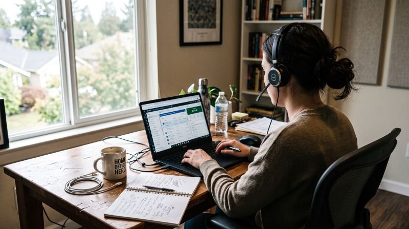 taking calls at a home desk setup for remote call center jobs